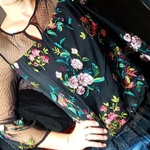 Boho embroidered 3/4 sleeve lace/silk blouse